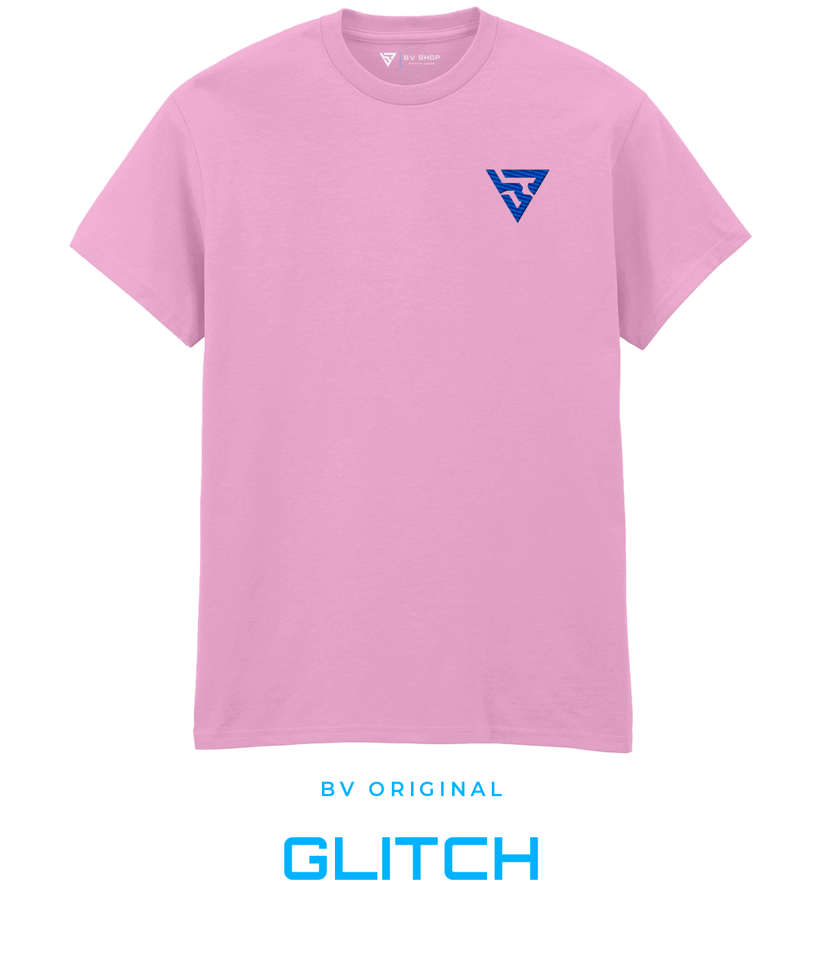 BV ORIGINAL GLITCH pink T-shirt with blue embroidered BV chest logo.