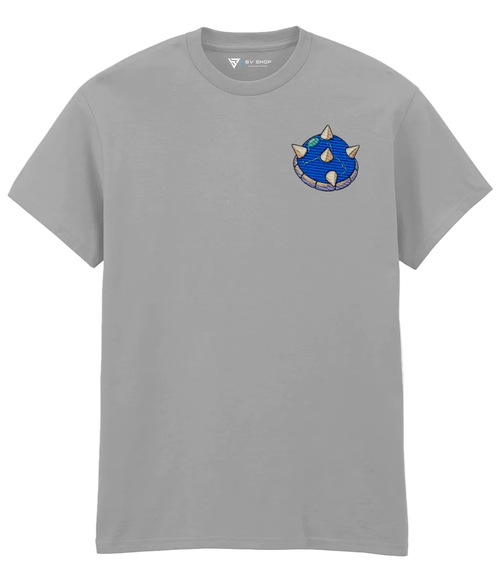 BV Shop FINAL LAP light grey T-shirt with blue spiked shell embroidery and NO TUTORIAL collection title.