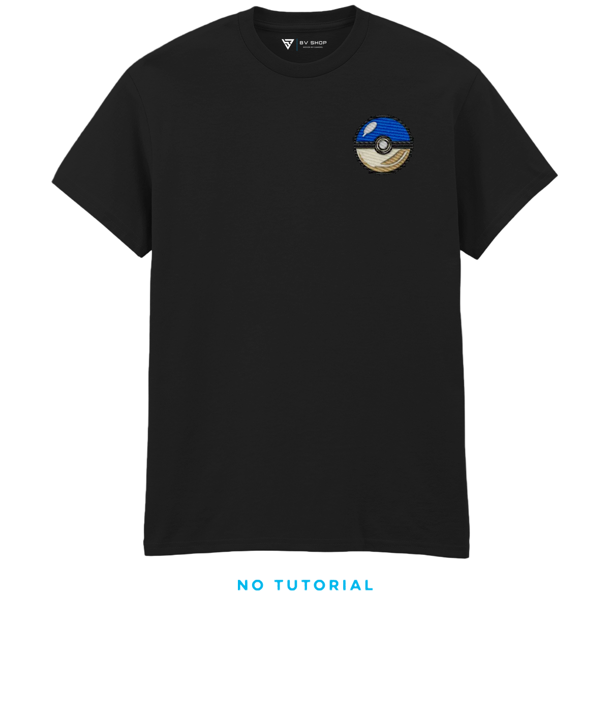 BV Shop FIRST CHOICE black T-shirt with blue and cream ball embroidery and NO TUTORIAL collection title.