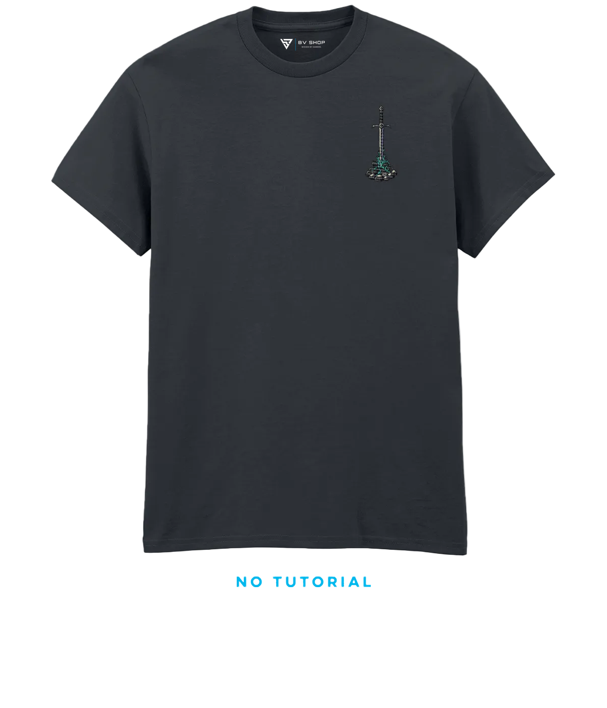 BV Shop REST POINT dark grey T-shirt with sword and flame embroidery and NO TUTORIAL collection title.
