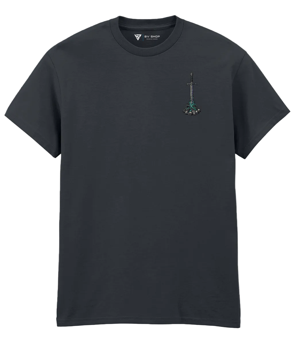 BV Shop REST POINT dark grey T-shirt with sword and flame embroidery and NO TUTORIAL collection title.