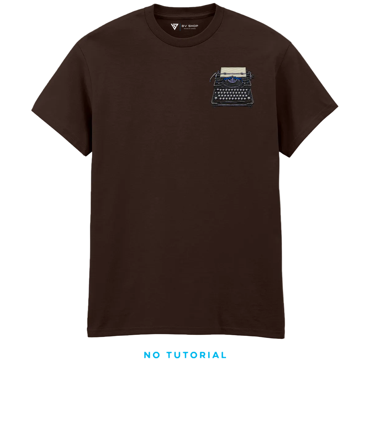 BV Shop SAFE ROOM brown T-shirt with typewriter embroidery and NO TUTORIAL collection title.