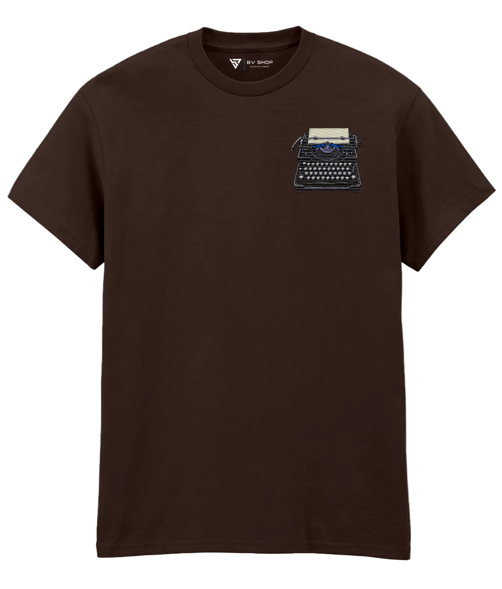 BV Shop SAFE ROOM brown T-shirt with typewriter embroidery and NO TUTORIAL collection title.