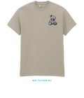 BV Shop UNLUCKY BOX cream T-shirt with stitched teddy bear embroidery, blue accents and NO TUTORIAL collection title.