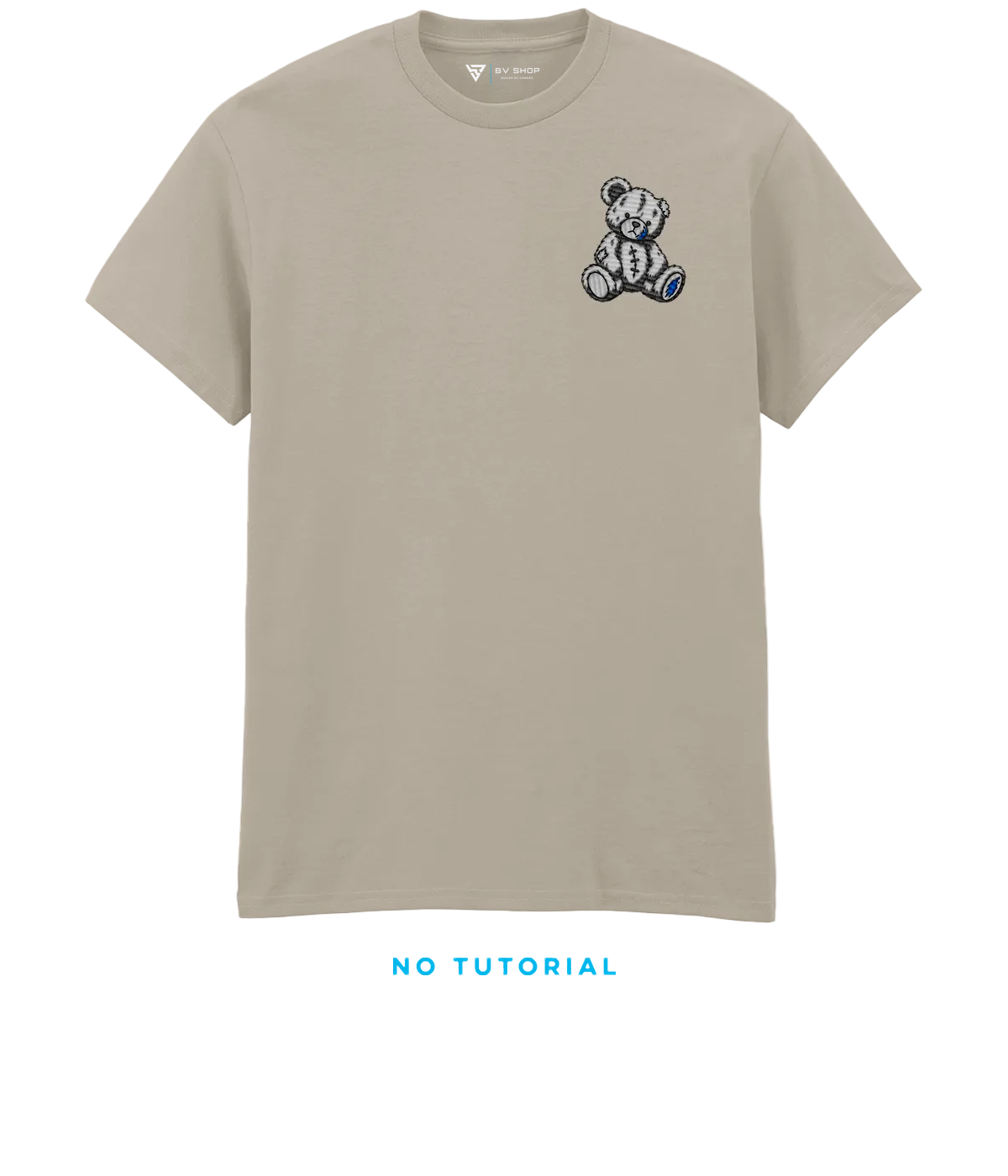 BV Shop UNLUCKY BOX cream T-shirt with stitched teddy bear embroidery, blue accents and NO TUTORIAL collection title.