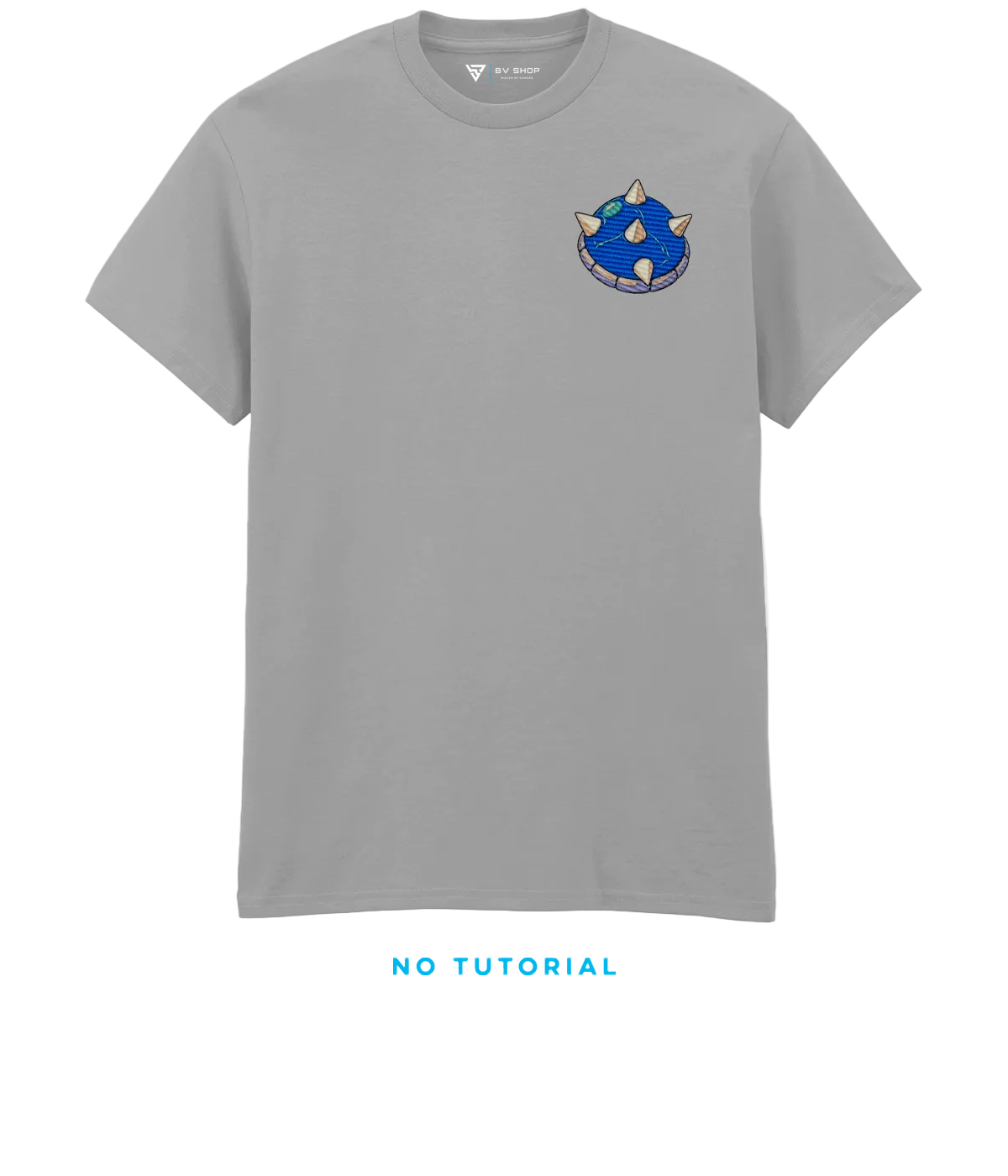 BV Shop FINAL LAP light grey T-shirt with blue spiked shell embroidery and NO TUTORIAL collection title.