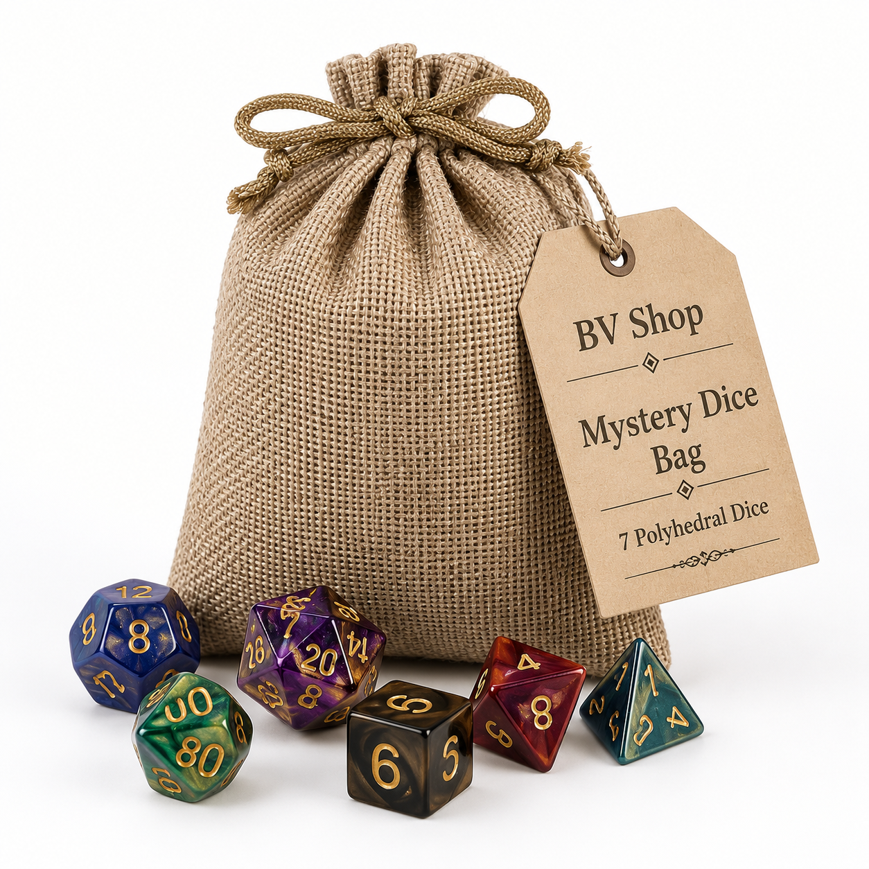 Mystery RPG Dice Set – 7 Polyhedral Dice with Drawstring Bag