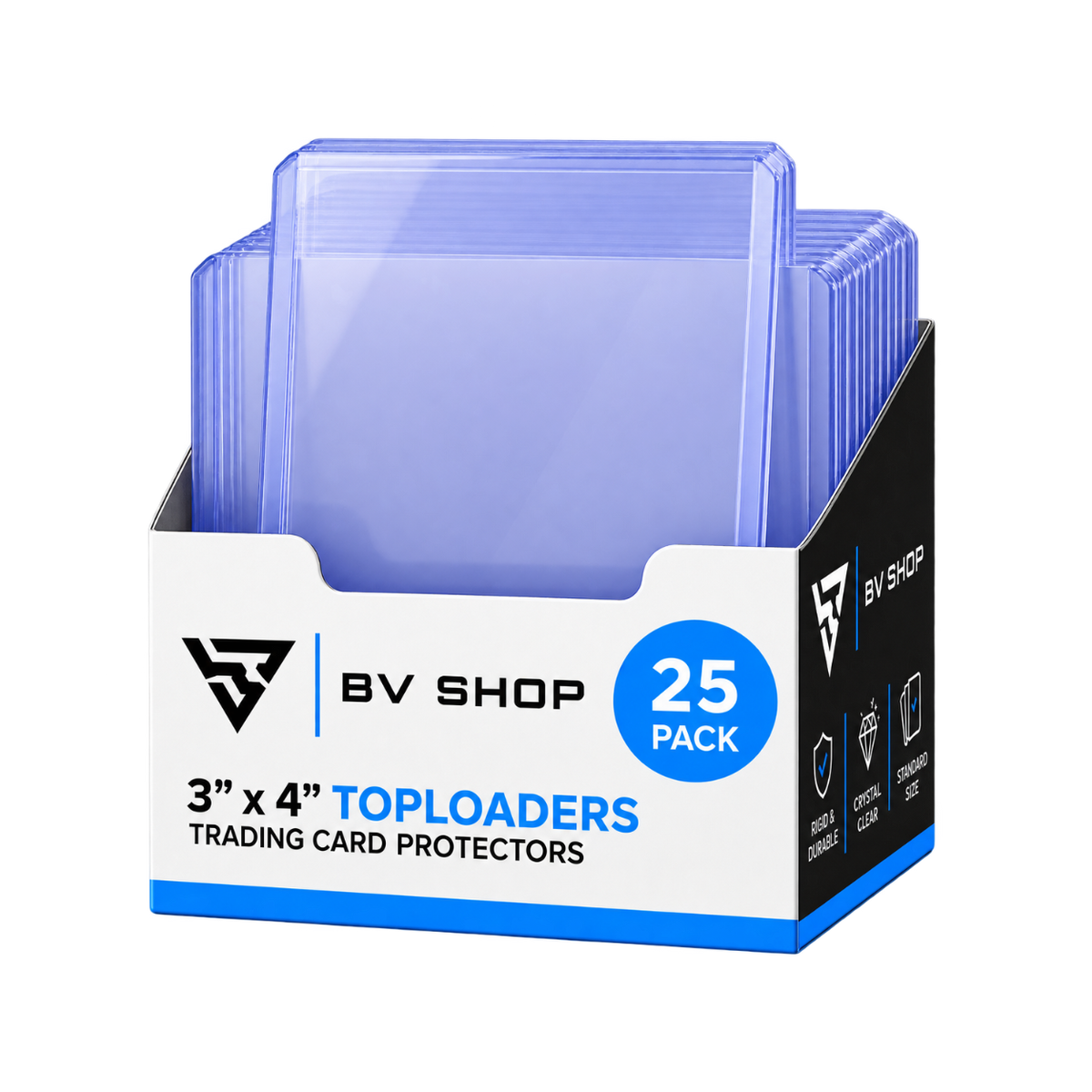 BV Shop box containing 25 crystal-clear blue 35pt trading card toploaders